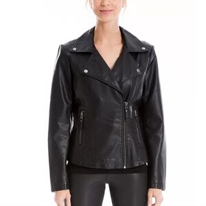 💎 Max Studio Black Leatherette Moto Jacket Size Small - Flawed Gem